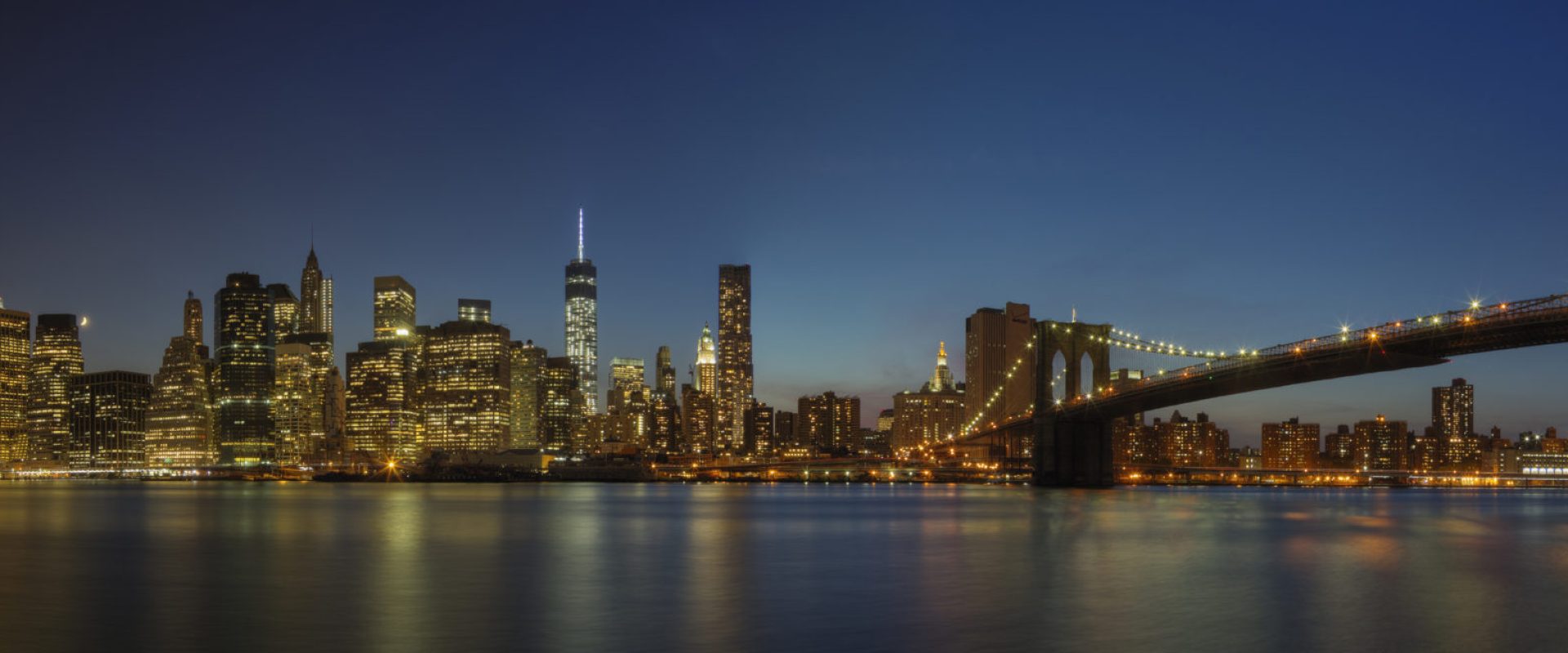 Panoramic view of New York city skyline illuminated at night, New York, United States
